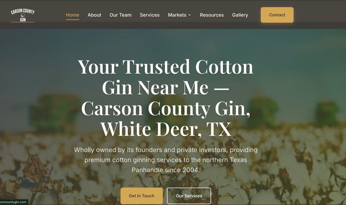 Carson County Gin website homepage — cotton ginning services company in White Deer, Texas