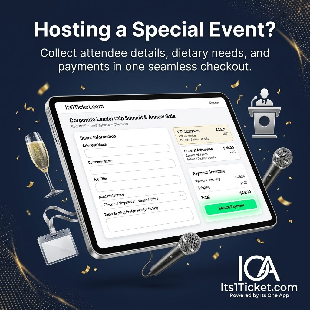 Special event registration with attendee details and payment
