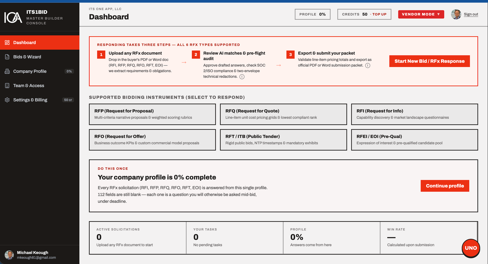 Its1Bid vendor proposal drafting interface